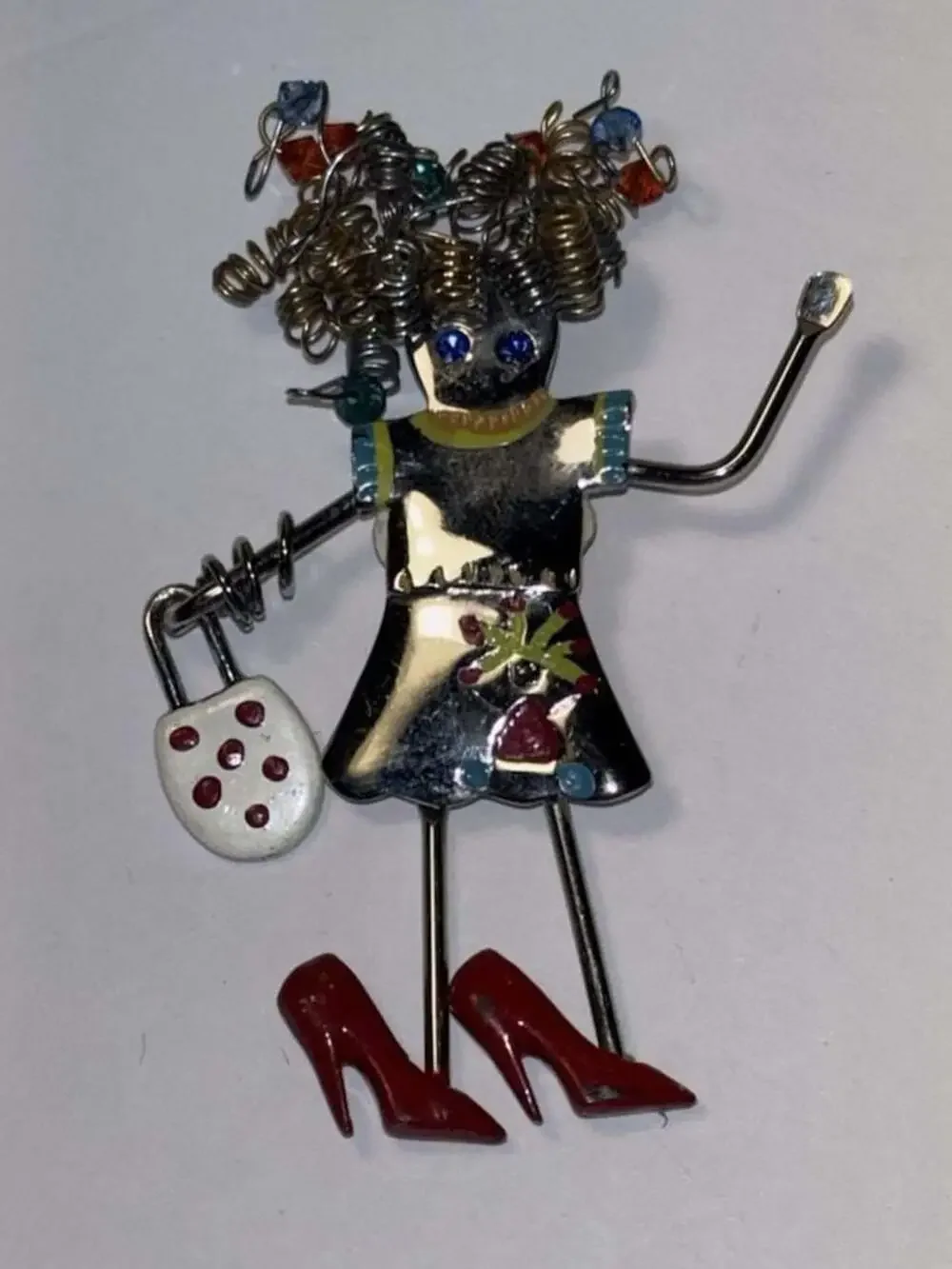 Vintage CARETTE By GANZ Shopping Girl Brooch Pin Dangle Legs Handbag